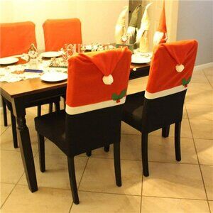 4 Pcs Christmas Chair Cover Santa Claus Hat w/Two Door Handle Covers for Dining